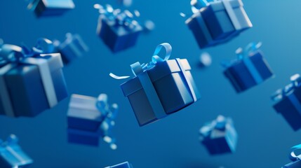 Floating Blue Gift Boxes Tied with Ribbons and Bows Ready for Celebrations
