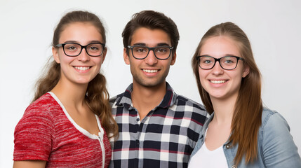 Three friends, two women and a man, wearing glasses and smiling, standing together against a plain white background.