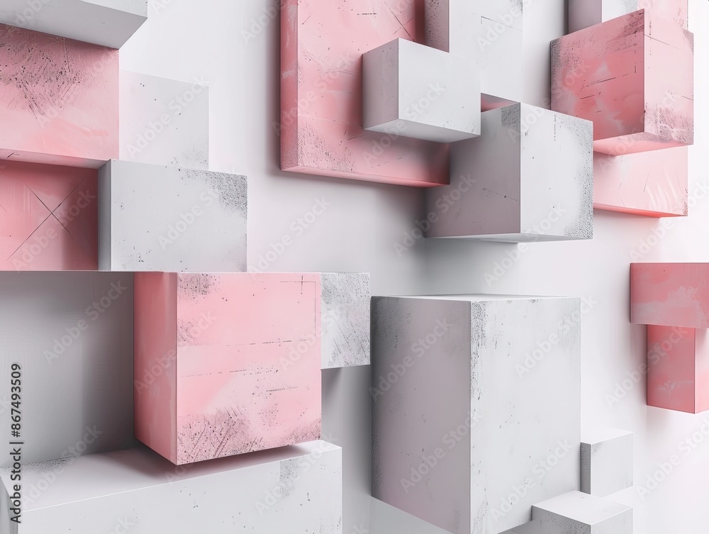 Sticker An abstract 3D geometric wall with cubes in pink and grey tones suitable for a modern wallpaper or background