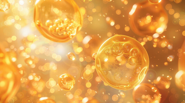 Microscopic image of golden exosomes in a translucent fluid, photo-realistic, soft glow, detailed cellular structures, warm yellow hues, floating particles, medical research focus Ai generative - Powered by Adobe