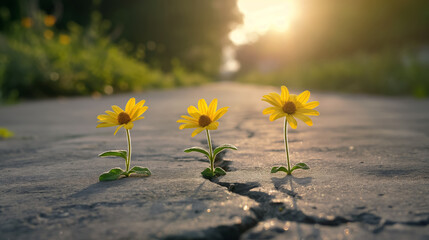 Three yellow flowers growing through cracks in a concrete path, symbolizing resilience and hope, with a sunlit background.