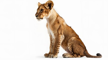 Cute lion sitting isolated on white background. 