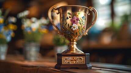 Elegant Floral Trophy with Detailed Flower Designs on Wooden Table