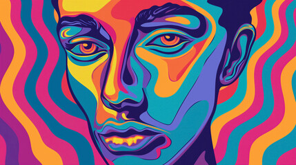 Fototapeta premium Abstract psychedelic portrait of a person, featuring bold, vibrant colors and swirling patterns, evoking a sense of surrealism.