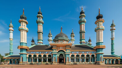 Obraz premium The beautiful grand mosque of West Sumatra features amazing Minangkabau architecture and towers against a clear blue sky. The iconic curved roofs and beautiful designs are impressive.