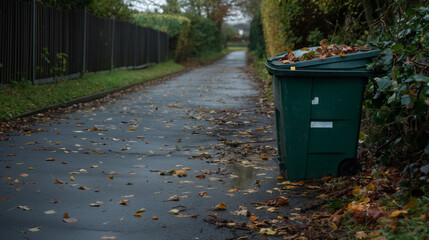 Fototapeta premium Green garbage bin on a deserted, leaf-strewn road in an urban setting, evoking a sense of neglect and solitude.