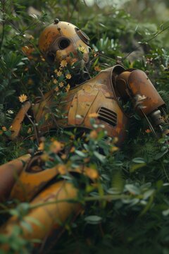 A dead old and rusty body of a robot lying in the forrest, plants and flowers grow out of the body of robot