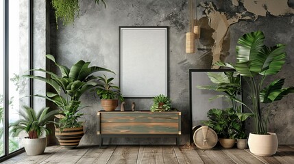 Poster frame mock-up in home interior background with commode and decor in living room