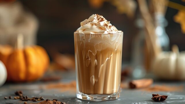 Close up of table with delicious pumpkin spice latte in glass