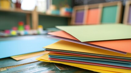 Fototapeta premium A stack of colorful construction paper sheets on an art class table
