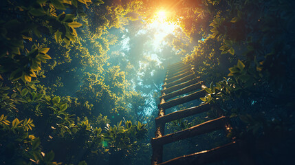 Fantasy design of a ladder reaching into a dreamlike, sunny paradise