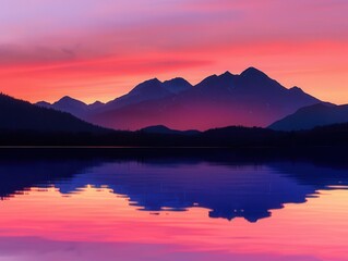 Obraz premium majestic mountain range silhouetted against vibrant sunset sky gradient of warm colors from deep red to soft pink reflecting on tranquil lake in foreground