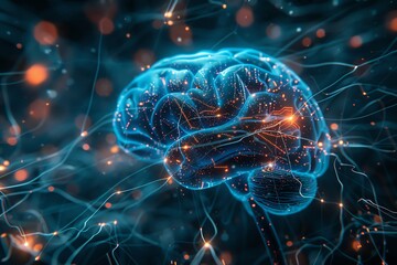 Brain and network double exposure, holographic mind mapping, futuristic web background