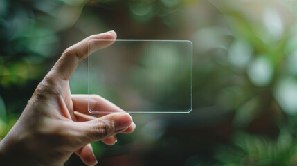 Transparent card in hand with rounded corners. Blank clear card mock up held by arm. Display front of plastic transparent acrylic card.