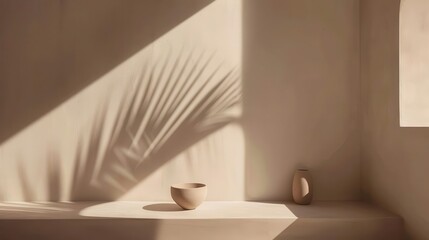 Fototapeta premium minimalist product display with intricate shadows cast by unseen window soft beige backdrop clean lines and subtle depth create an elegant contemporary aesthetic