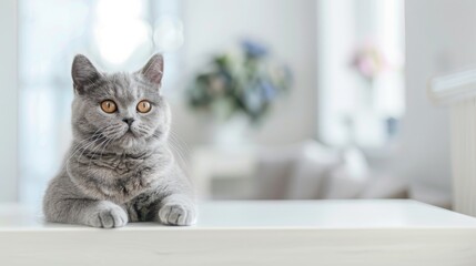British Shorthair Cat on white table gazing at blank space banner
