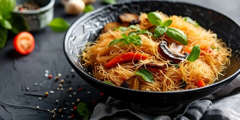 Stirfried vermicelli with vegetables and mushrooms a flavorful and satisfying dish. Concept Vegetarian recipes, Asian cuisine, Noodle dishes, Quick and easy meals