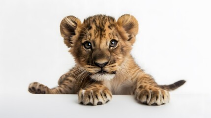 Obraz premium Cute lion sitting isolated on white background. 