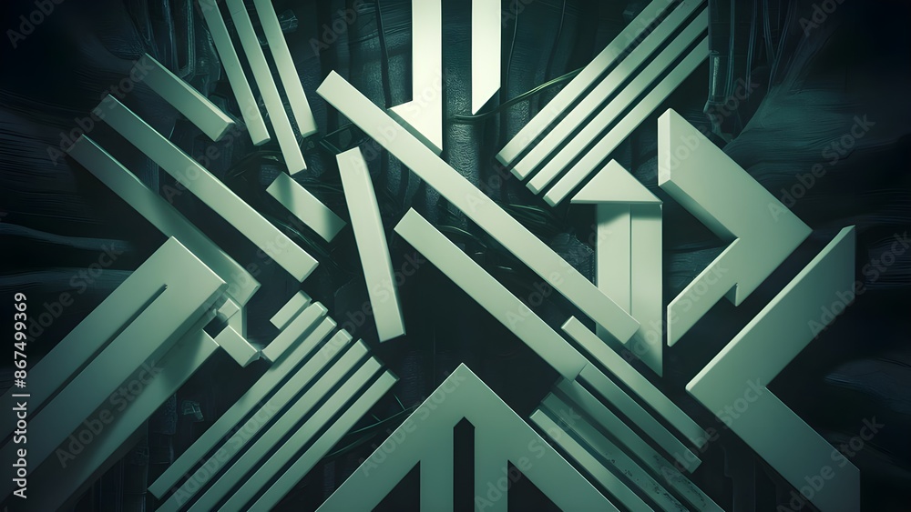 Wall mural the image captures an array of dynamic white geometric shapes overlaid on a dark, mysterious backdro