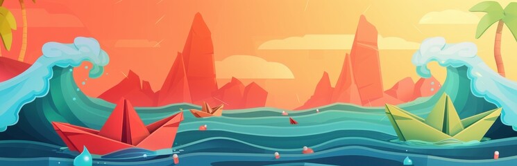 Colorful cartoon illustration of paper boats sailing on a stormy sea with crashing waves, rocks, and a sunset in the background. Concept of adventure, challenge, resilience, and hope.