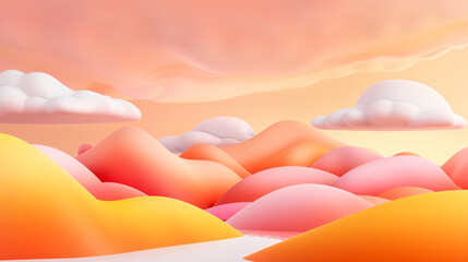 Fototapeta premium A Memphis dreamscape at sunset: A soft gradient sky transitions from pastel pink to orange, dotted with fluffy white clouds. Below, rolling hills and a winding river are rendered in bold geometric
