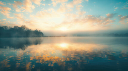 Obraz premium A tranquil sunrise casts a golden light over a calm lake, with trees in the background and gentle mist rising from the water, creating a serene atmosphere.