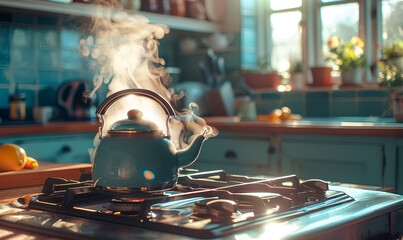 A blue kettle sits on a stovetop, steaming with the sun shining through the window