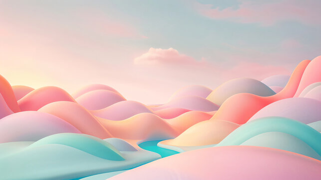 A Memphis dreamscape with a hidden path: A soft pastel sky with fluffy clouds. Below, rolling hills unfold, revealing a winding river. A geometric path, rendered in neon colors, weaves through the