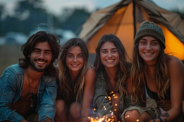 Nighttime Campfire Gathering with Sparklers