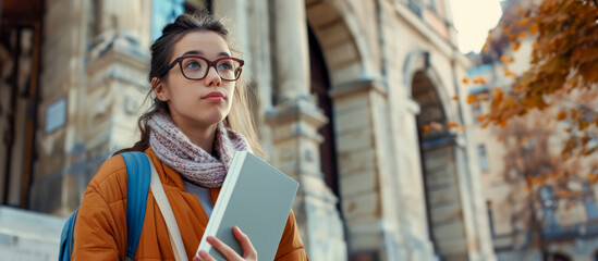 a white girl student stands with notebooks in her hands, against the backdrop of an educational institution