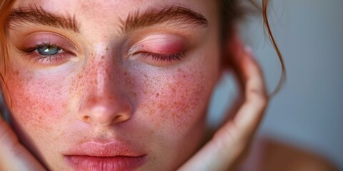 Person managing rosacea or eczema with specialized skincare and medical treatments. Concept Skincare Routine, Medical Treatments, Rosacea Management, Eczema Care, Specialized Skincare