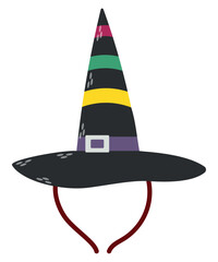 A witch's or wizard's hat. Black hat with ribbon and buckle. Accessory for Halloween, party, children's party, birthday party.