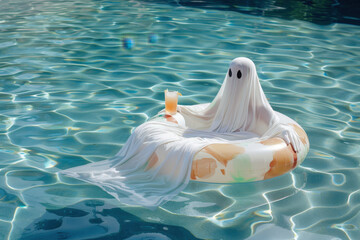Ghost relaxing on inflatable ring in swimming pool, enjoying a refreshing drink during a summer halloween party