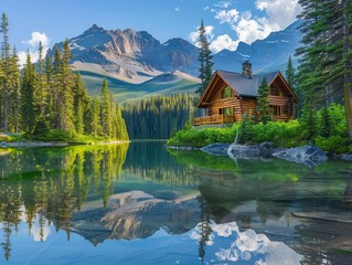 Fototapeta premium picturesque log cabin reflected in serene lake surrounded by lush forest and majestic mountains capturing essence of wilderness retreat