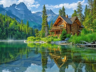 Fototapeta premium picturesque log cabin reflected in serene lake surrounded by lush forest and majestic mountains capturing essence of wilderness retreat