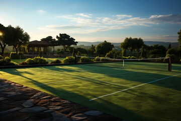 Serene Tennis Court Amidst Lush Greenery and Sunset Hues. Tennis court surrounded by trees and sport club traditional style at sunset.