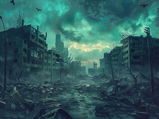 postapocalyptic cityscape buildings destroyed and in ruins after a catastrophic disaster haunting digital painting