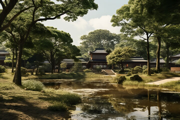 Obraz premium Mysterious and ancient campus japanese garden with pond and bridge in the park. japanese house by a Tranquil Pond Nestled Among Trees.