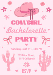 Hen Party invitation card. Last rodeo. Bachelorette party invitation template with cowboy hats, bows and cactus. Girls disco party. Wedding stationery. Vector illustration. On pink background