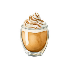 Pumpkin Spice Latte Coffee with whipped cream and cinnamon in glass. Fall hot beverage. Watercolor food illustration