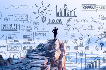 A man stands atop a rocky peak looking out, with creative doodles in the sky background, showcasing a concept of ideas and planning. Generative AI
