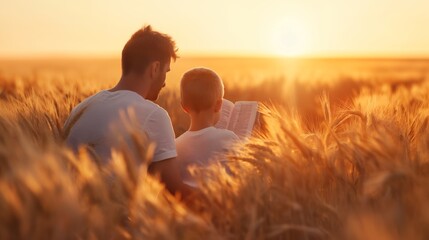 Father and son reading the bible in wheat field at sunset.
