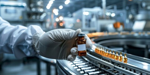 Pharmacist Monitoring Vials on High-Tech Production Line