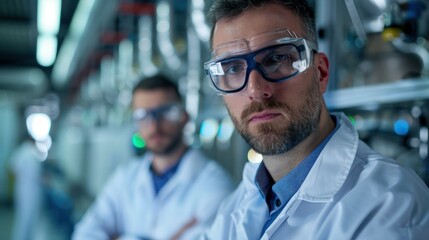 Fototapeta premium R&D centre image with portrait of engineers wearing protection glasses researching new energy sources. 