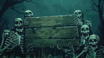 spooky halloween party with skeletons holding wooden banner in eerie night digital illustration