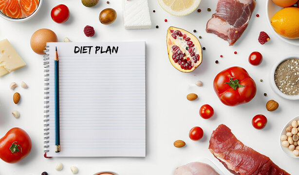 Empty white lined paper background written diet plan copy space surrounded by healthy food