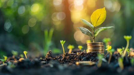 Large pile of coins stacked up with small plant and flower top, Interest rate and dividend concept,