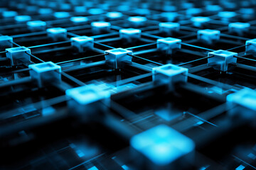 Fototapeta premium abstract Blue Technological Landscape with Glowing Cubes, Futuristic Digital Network Concept Representing Big Data and Blockchain Technology, Illuminated 3D Grid Structure for Hi-Tech Backgrounds