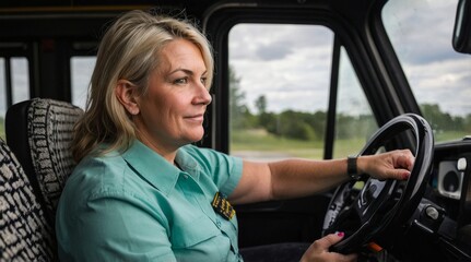 Portrait Of Female Bus Driver Behind Wheel