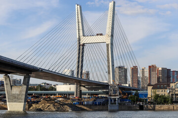 Fototapeta premium Novosibirsk, Novosibirsk region, Russian Federation - June 01 2024. Central and Cable Bridge